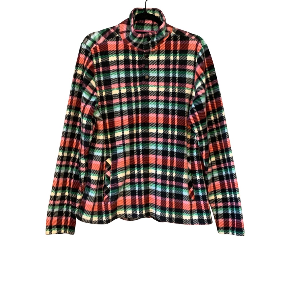 Vera Bradley Fleece Pullover Plaid Button Mock Neck Pocket Long Sleeve -‎ Medium